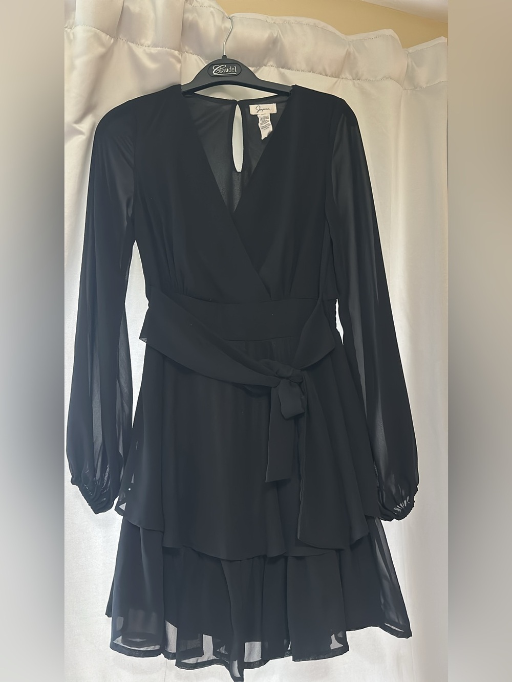 Aqua Black Long-Sleeve Wrap Tiered Chiffon Dress